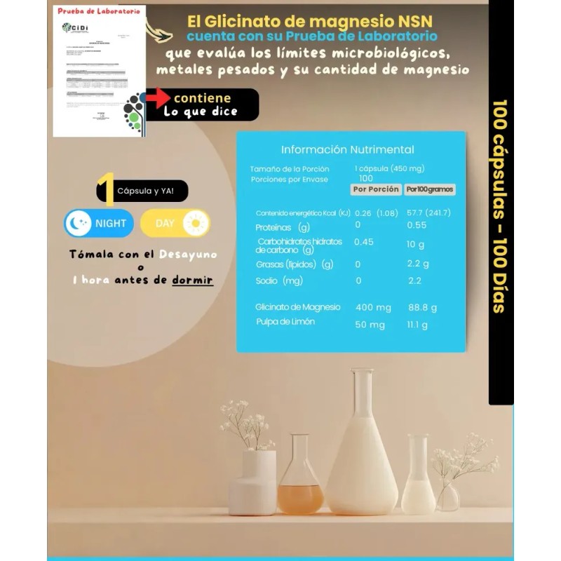 Glicinato de Magnesio NSN 100% Quelado Alta Absorción Vegano 100
