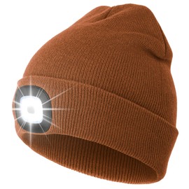 CENSGO Unisex Hat with Light, USB Rechargeable LED Headlamp Beanie, Gifts for Dad Father Men Husband Warm Knitted Cap Reddish Brown