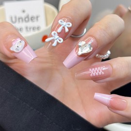 30 PCS Press on Nails Kitty Cat Fake Nails Rhinestone Fake Nails Bow Fake Nails Medium Fake Nails Gifts for Women and Girls (No.76)