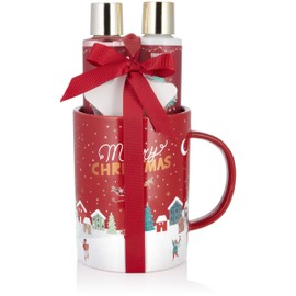 Brubaker Cosmetics Bath and Shower Set, Winter Berries Fragrance - 4-Piece Gift Set in Large Christmas Cup - Christmas Set for Men and Women
