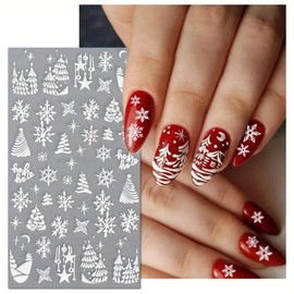 IDDFEVE Embossed Snowflake Nail Stickers, Christmas Large 5D Self-Adhesive Nail Art Decals - White Snow Cover Christmas Tree Design for DIY Manicure Winter Xmas DIY Nail Decorations (3 Sheets)