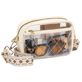 MoKo Clear Bag for Stadium Events, Waterproof Lightweight Concert Crossbody Bag with 3 Pockets and Adjustable Shoulder Strap for Men Women for Gym, Music Festival, Outdoors, Beige