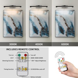 Joosenhouse Picture Light Battery Operated 16.53" Inch Wireless Lights for Wall Dimmable and Timer Off Adjustable Swing Arm Rechargeable Spotlight Black Art Light 3000k