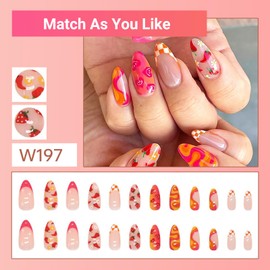 Lyvixora 24-Set Press on Nails Almond Medium french tip Acrylic Fake Nails with Fruit Colorful Swirl Patterns Designs Full Cover Reusable Almond False Nails Set, Nails Stick for Women