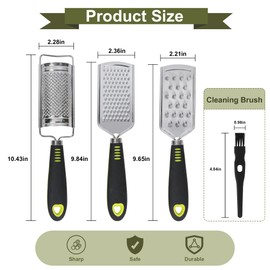 BEARDO DECOR Handheld Cheese Grater Set for Kitchen Stainless Steel Mini Cheese Grater with Handle Lemon Zester with Cleaning Brush for Cheese Vegetable Fruit Chocolate (Black Handle)