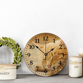 Sleeping Orange Clock Tabby Cat Clock Silent Non Ticking Wooden Wall Clock Battery Operated Esay Read for Home Decor Kids Room Office Housewarming Gift
