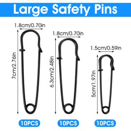 Yuomeaz 30 Stück Sicherheitsnadeln Groß 5/6/7 cm Safety Pins, Sicherheitsnadeln Schwerlast für Kleidung, Dicke Stoffe, Alle Arten von Handarbeiten, Decken (Schwarz)
