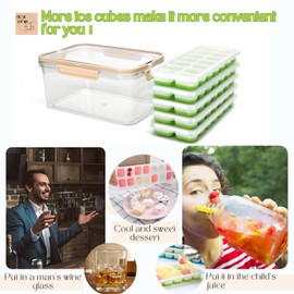 Food grade silicone,Ice Cube Tray with Lid and Bin, Ice Cube Pop Out Tray, Ice Cube Trays for Freezer，14 cube ice trays with lids and storage boxes(5 GREEN)