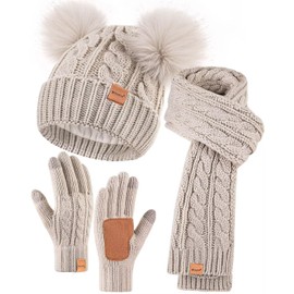 Winter Hat Scarf Glove Set for Women, Warm Fleece Lined Womens Beanie Hat with Double Pom Pom, Gloves with Touchscreen Fingers, Knit Scarf Neck Warmer, Xmas Gift Set for Cold Weather-B-02 Oatmeal