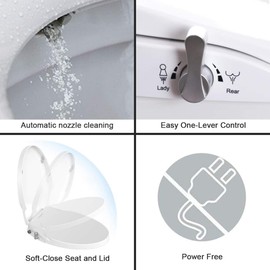 Toilet Seat Bidet Seat with Self Cleaning Dual Nozzles Non electric Separated Rear & Feminine Cleaning Natural Water Spray, soft close toilet seat,Easy DIY Installation