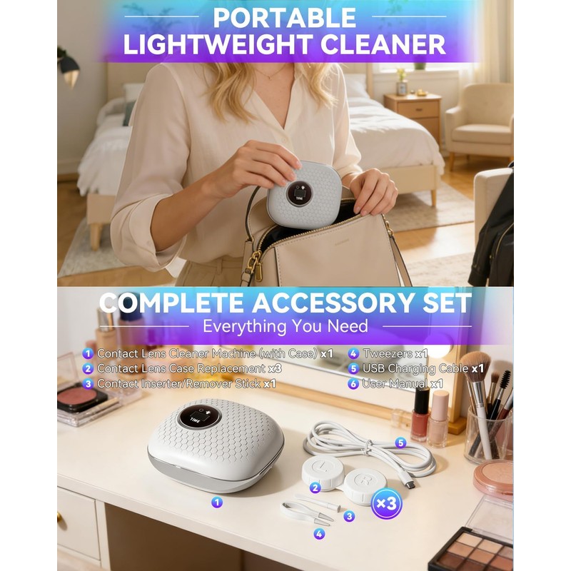 Pro 3.0 Portable Ultrasonic Contact Lens Cleaner【Rechargeable】【50KHz Germany Super Motor】【Top1