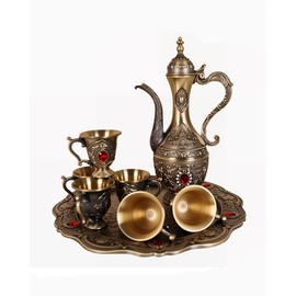 Vintage Turkish Tea Set with 6 Cups and Tray Exquisite Tea Sets Decorative Retro Tea Service Set for Home Party Decor (Retro Color)