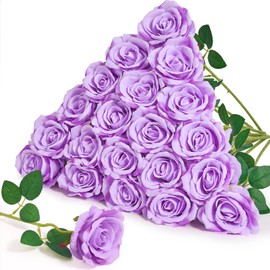 Serwalin 20pcs Artificial Roses, 4'' Big Flower Head, Light Purple Roses Velvet Real Touch, Silk Fake Roses Long Stem Realistic Bouquet for Wedding Table Centerpiece and Home Decor