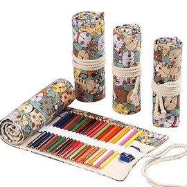 DIYOMR Funda enrollable de 24/36/72 ranuras para lápices de colores, estuche para artista, pinceles cortos, dibujo y bocetos, SIN LÁPICES (Gatito, 24 ranuras)