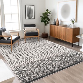 Art&Tuft 8x10 Area Rug, Super Soft Ultra-Thin Moroccan Washable Rug, Anti-Slip Backing Rugs for Living Room, Foldable Geometric Machine Washable Area Rug(8'x10', Black)