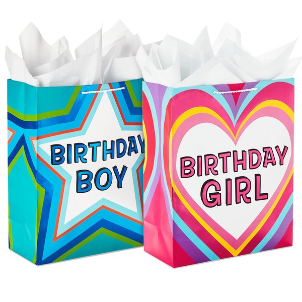 Hallmark 15" Extra Large Birthday Gift Bag Bundle with Tissue Paper (2 Bags: "Birthday Girl" Pink Heart, Birthday Boy" Blue Star)