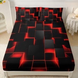 HOSIMA Honeycomb Twin Bedding Sets for Boys,Red Black Geometric Pattern Fitted Sheet for Kids Teens Girls Room Decor,Lightweight Red Neon Lights Bedding Twin Size,1 Fitted Sheet+2 Pillowcases.