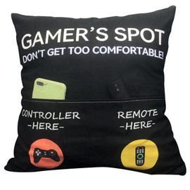 ZUYUROU Gamer Gifts, Gamer's Spot Pocket Design Throw Pillow Covers 18 x 18 Inch, Gaming Room Décor Stocking Stuffers Easter Basket Stuffers for Teen Boys Girls Men Father Boyfriends-Black
