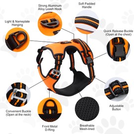 Ellichom No Pull Dog Harness with 3 Snap Buckles,No Choke Front Lead pet Harness Reflective and Adjustable Soft Padded Vest for Small Medium Large Dog (Orange, Extra Large)