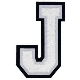 2Pcs 5.0" White Chenille Letter Patches, Iron On Embroidered Alphabet Patches for Clothing, Jeans, Jackets, Backpacks, Hats- Varsity Letters with Black Border (Letter J)