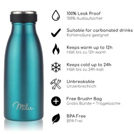 Milu Stainless Steel Drink Bottle, Vacuum Flask for Children and Adults, Leak-Proof, Insulated Flask, Suitable for Carbonated Drinks, 350 ml, 500 ml, 750 ml, 1 L, 1.5 L, incl. Cleaning Brush, Green,