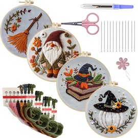 SCECALA 4 Pack Halloween Embroidery Kit for Beginners - Fall Gnome Pumpkin Hat with Embroidery Pattern, Hoop,Complete Cross Stitch Supplies (Needle/Threads/Scissors) DIY Craft for Adults Sewing Hobby