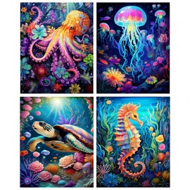 Mowana Diamond Painting Kits for Adults - 4Pack Sea Animals Diamond Art Kits for Adults Beginners, 5D DIY Full Drill Round Gems Art Crafts for Gift and Home Wall Decor (11.8x15.7inch)