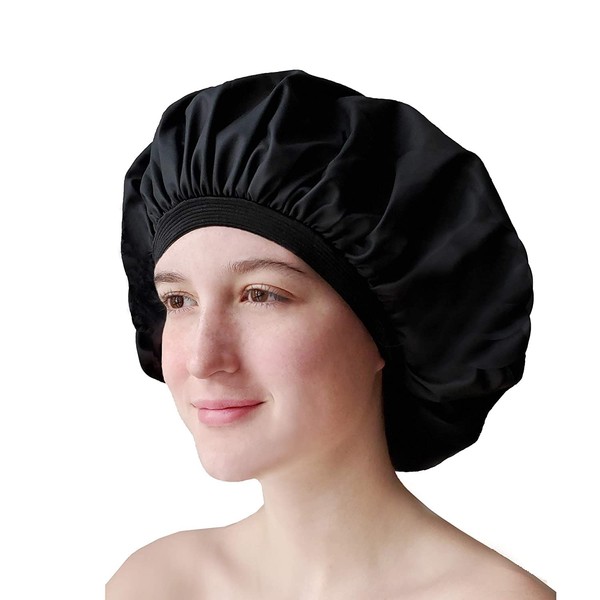 Reusable Oil Proof Nightcap Hair Care Protector Cover Bonnet for Sleeping and Shower Cap, Leakproof, Waterproof Outer Layer, Extra Large to Accomodate for Long Hair with Comfort Elastic Band