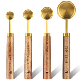 Measuring Spoons Set of 4, Stainless Steel Gold Measuring Cups Measuring Spoon with Wooden Handle Measuring Spoons for Cooking Baking