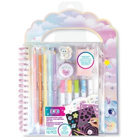 Make It Real 3C4G: Imagination Land Travel Chalkboard Art Set - 16pc Sketchbook & Supplies Pouch, Stencils-Colored Pencils-Chalk Pens-Stickers, Tween-Girls-Kids 6+