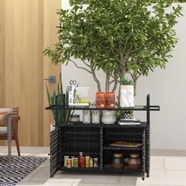 Outsunny PE Rattan Outdoor Bar Table, Outdoor Kitchen Island with 2-Tier Shelf & Cabinet, Patio Serving Cart with Glass Top, Handles, Towel Racks for Poolside, Garden, Mixed Gray