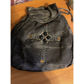 Claires Claire’s DRAWSTRING BACKPACK Faded Black with Cross Gemstone Embellishments