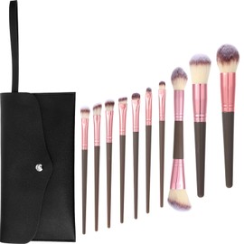 Makeup Brush Sets, 10 Pcs Double-Ended Foundation Brushes with Angled/Round Tops, Brown Champagne Gold for Liquid Powder Cream Blending