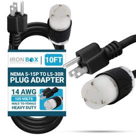 IronBox Electric NEMA 5-15P to L5-30R Plug Adapter Power Cord - 15A,125V,14 AWG - UL Listed Power Extension Cable - Heavy Duty Plug & Connector for Generator, Servers, PDU, Camper & More (10ft, Build)