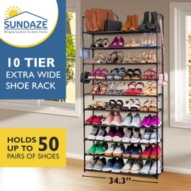 Sundaze Shoe Rack - 10 Tier Shoe Rack for Front Door Entrance, Sturdy Tall Shoe Organizer for Closet, Bedroom, Entryway, Garage, Non Woven Fabric Shelf, Black, Holds Up to 50 Pairs