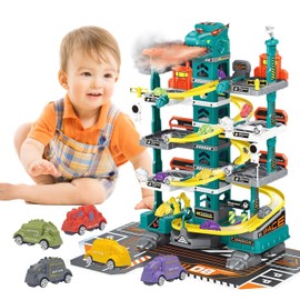 Sternstunde Car Racing Track Dinosaur Toy Rails, 32 Pieces Dino Racing Track Highway, Car Garage Toy with Parking Garage, Ramps, Elevator, Includes 5 Cars, for 3-8 Years Boys Gifts Toy