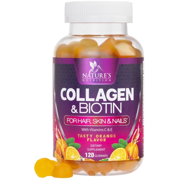 Collagen & Biotin Hair Vitamin Gummies - Extra Strength for Healthy Hair, Skin & Nails Growth Support - Collagen Peptides Gummy Supplement with Vitamins C & E - Orange Flavored, Non-GMO - 120 Count
