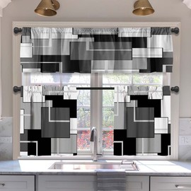 MCALK Dark Grey Blackout Kitchen Curtains Tiers and Valances Set 3 Piece for Windows Geometric Modern Art Kitchen Window Curtains Set,Grey and Black Valances for Living Room(36" Tiers Set)