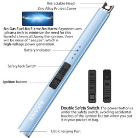 RAYONNER Rechargeable Electric Candle Lighter Windproof Plasma Arc Lighter for Deep Jars, BBQ Camping Flameless Fire Starter Christmas Stocking Stuffers Gift (Sierra Blue, Pack of 2)