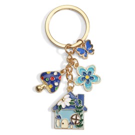 Gallkeat Keyring Lucky Charm with Mushroom and Butterfly Design, Women's Bags Charm Pendant, Key Chain Cute, Cartoon Keyring for Car with Key Ring, Blue, gold, S