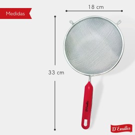 D'Emilia - Stainless Steel Kitchen Strainer with Red Ergonomic Handle, Food Strainer, Vegetable Drainer with Fine Mesh and Reinforced Rim