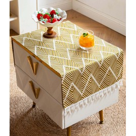 Bedside Tablecloth for Nightstand Tassel Table Covers Scarf End Tables Cloth Rectangle Dust Cover for Bed Side Table TV Microwave Washing Machine Refrigerator, 15.7×35.4 Inch Woven Golden-Brown