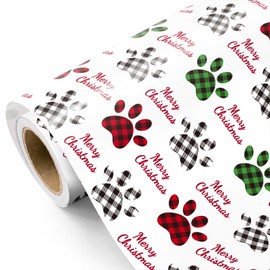 WRAPAHOLIC Paw Print Christmas Wrapping Paper Roll - Mini Roll - 17 Inch x 16.5 Feet - Merry Christmas Plaid Paw Print Wrapping Paper for Xmas Holiday, Party Celebration
