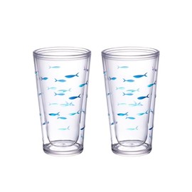 KLIFA- CHARLESTON- 20 oz, Set of 2, Fish Plastic Insulated Tumbler Set, School of Fish Acrylic Double-wall Drinking Glass, BPA-Free, Plastic Drinkware, Dark and Light Blue Printing