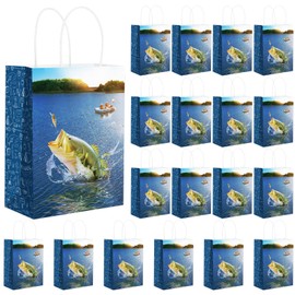 Qeeenar 18p Blue Fish Style Fishing Party Bags, Gone Fishing Themed Inches 8.8x6.4x3.2, Smooth Paper Bag for Gifts, Treats, Favors at Parties, Tournaments