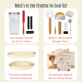 JoeCo Sourdough Starter Kit, Complete Starter-To-Loaf Set with Instructions, Sourdough Starter Jar, Silicone Proofing Baskets, Danish Dough Whisk, Dough Scraper, Bread Lame & Sourdough Baking Supplies