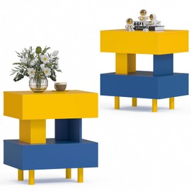 Cubehom Nightstand Set of 2 Modern Nightstand End Side Table wih Large Storage Space Bedside Table for Bedroom, Living Room and Playroom, Yellow & Blue