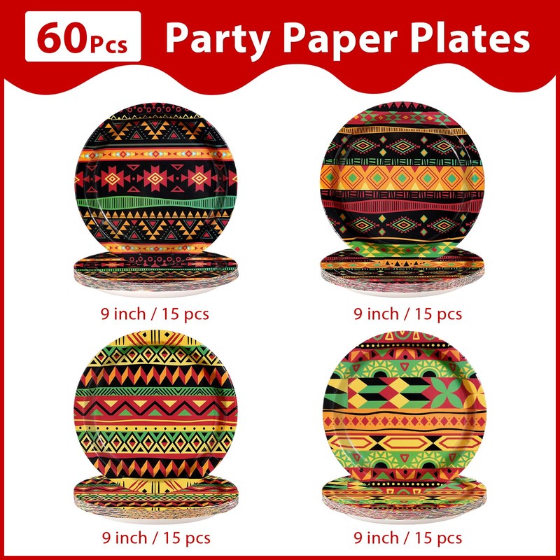 60Pcs Traditional African Tribal Paper Plates 9" Heavy Duty Paper
