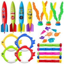 24Pcs Diving Pool Toys,Swimming Pool Toys with Dive Sticks Torpedoes Bandits Diving Rings Diving Seagrass Marine Gem Diving Games Bath Water Toy Underwater Pool Training Toy Swim Toy for Kids Age 4-12