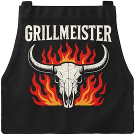 MoonWorksGrillschürze für Männer Grillmeister Flammen Bullenschädel Geschenkidee Kochschürze Herren für BBQ Schwarz Herren